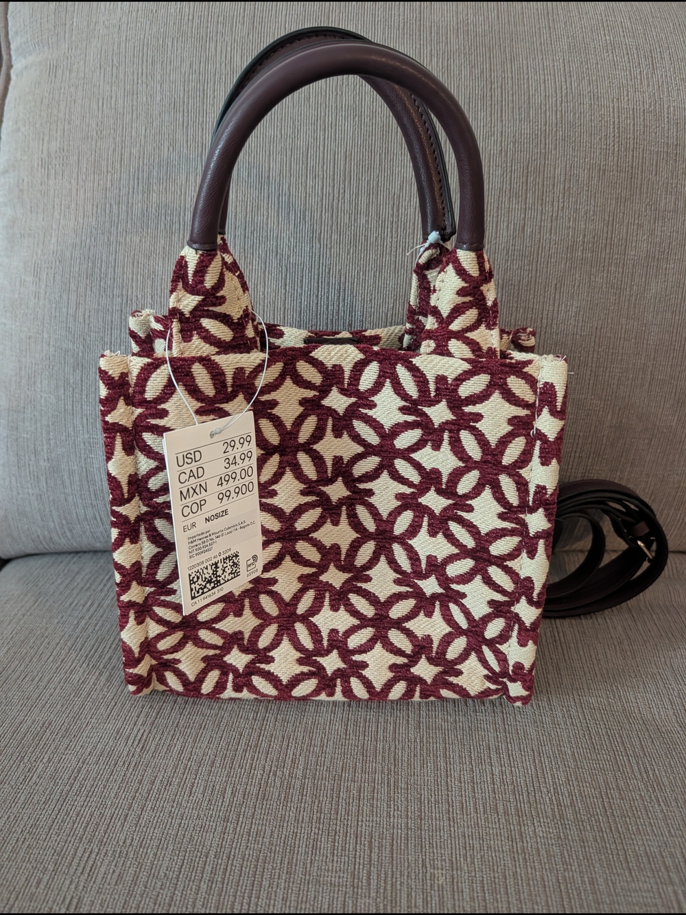 H&M Jacquard Textured Burgundy and Cream Patterned Mini Tote Bag